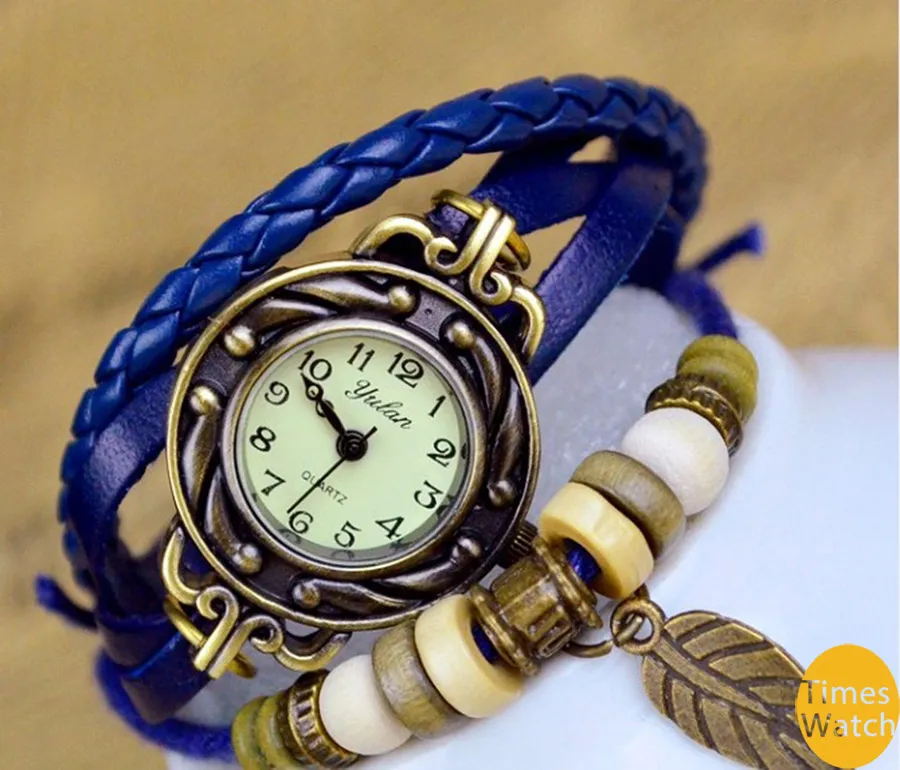 vintage watch New arrival Fashion vintage retro beaded braided rope bracelet wrap quartz cow leather wrist watch women for fift