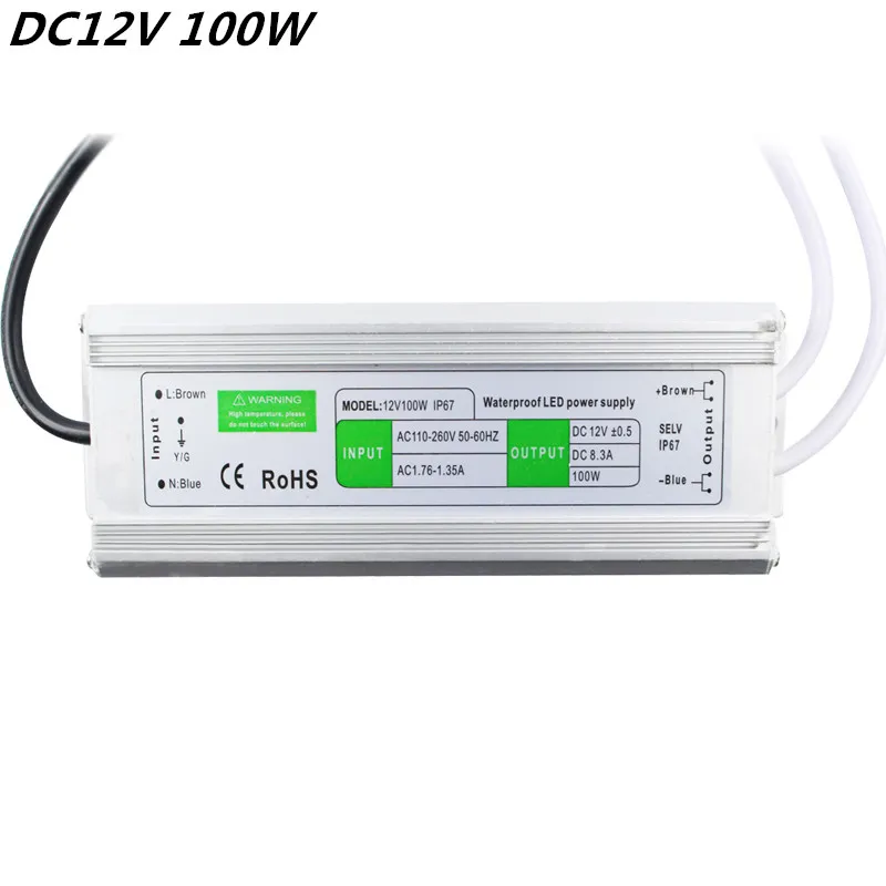 Hög effektivitet 12V 100W Vattentät IP67 LED-drivransformator Strömförsörjning Elektronisk AC 110 ~ 260V för utomhusbruk