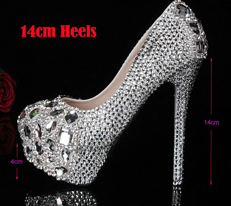 Silver Custom Make Plus Size High Heel Crystals and Dhinestones Pompy ślubne Bridal Buty Diament Lady Buty Party Prom High Heels