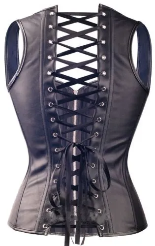 Black Leather Corset with Zipper Corsets and Bustiers Women's Faux Leather Overbust Buckle Plus Size Corset G-string Steampun177P