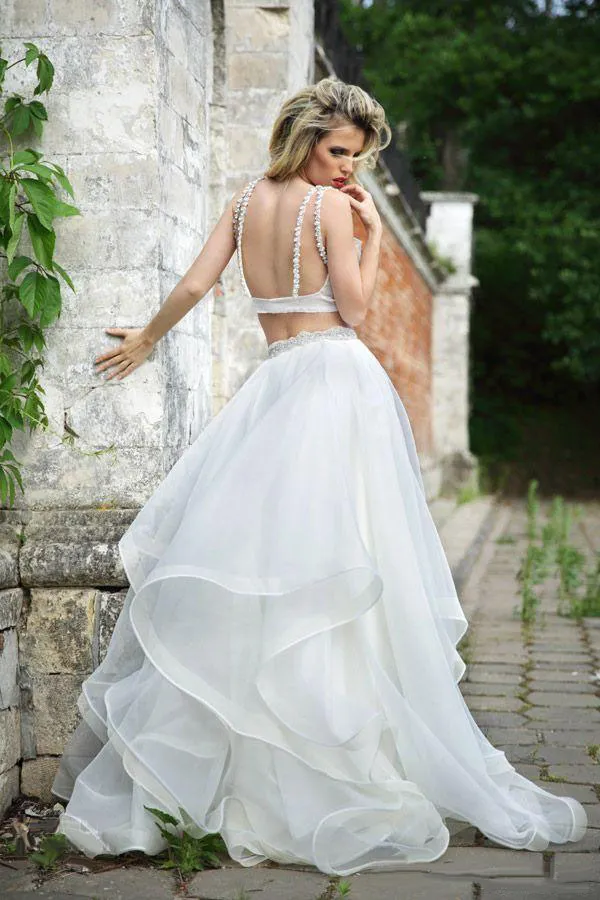 2019 Summer Beach Wedding dresses Two Pieces Spaghetti Straps Beading Crop Top Ruffles A Line Bridal Gowns Custom Made China EN50122