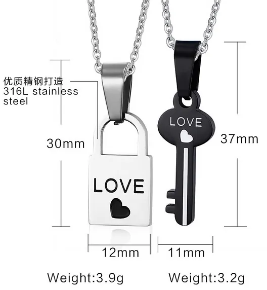 Newest Fashion Romantic One Pair Couple Lover's Gifts Lock and Key Pendant Necklace Stainless steel together Love Heart Logo Hot