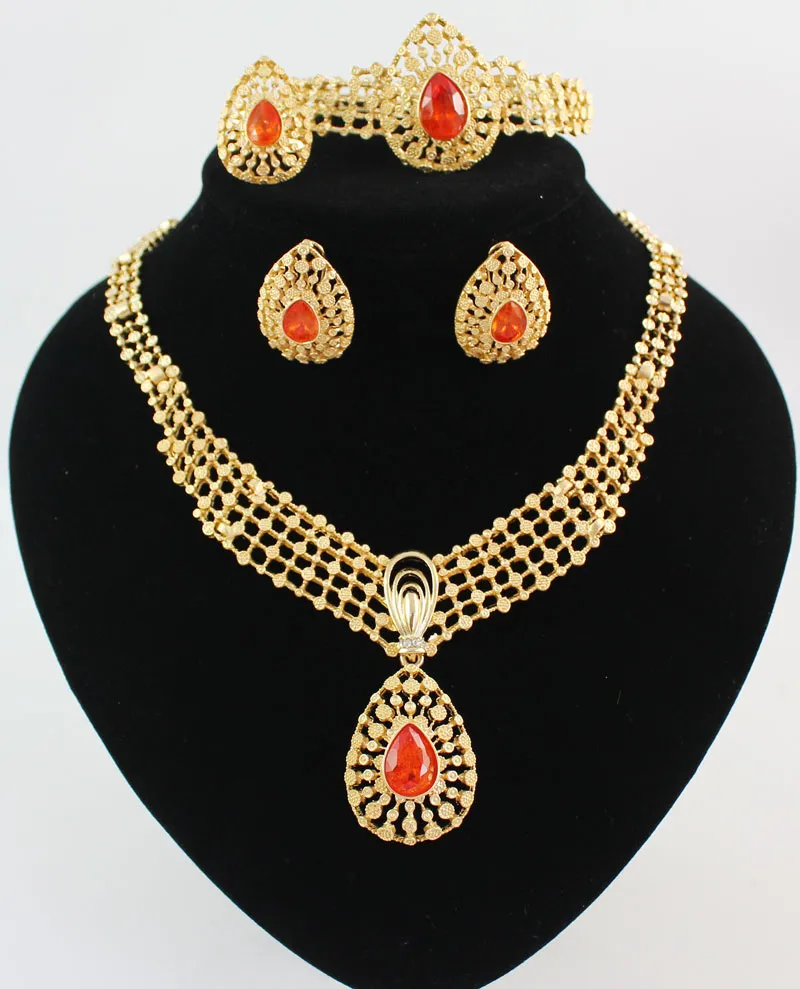 Trendy 18K Gold Plated Wedding African Gem Beads Women Party Dubai Necklace Bracelet Earring Ring Wedding Jewelry sets