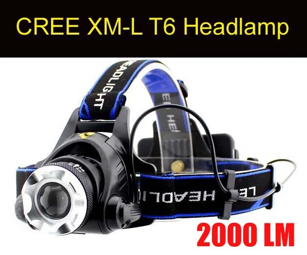 Gratis Eppacket Toppkvalitet 2000 Lumens Headlamp Cree XM-L T6 LED-strålkastare för huvudlampa Torch LED ficklampa Huvudlampa med 2PCS 18650 Batteri