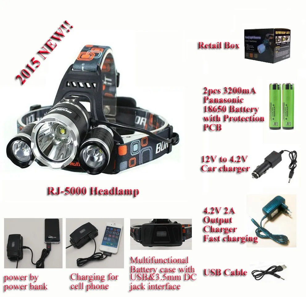 Laufzeit 5 Stunden !! BORUiT RJ-5000 Cree XM-L2 LED-Stirnlampe mit USB-Kabel, 3200-mA-Batterien, Autoladegerät und 4,2-V-2A-Ladegerät