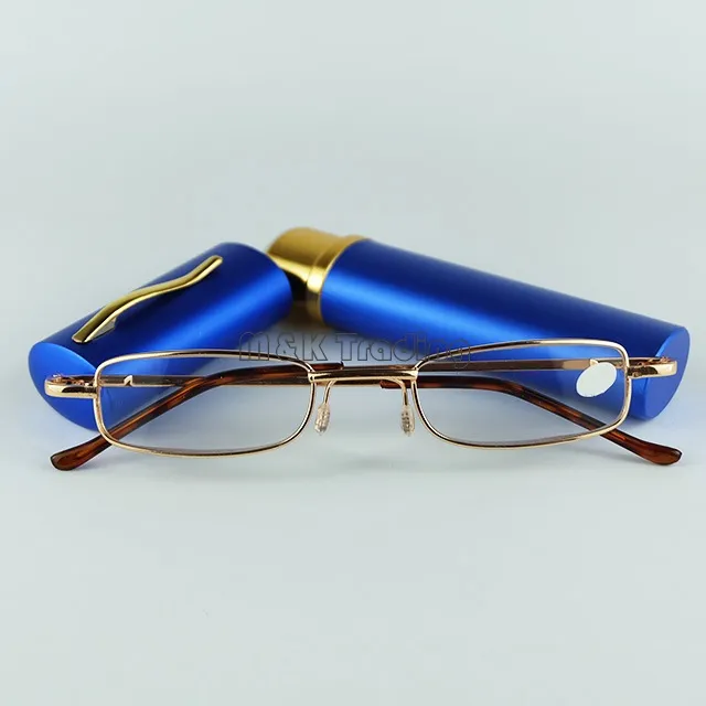 Venta caliente tubo de lectura gafas de lectura de metal con pluma clic lectura gafas 50 unids / lote envío gratis