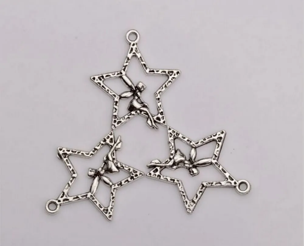 Varmförsäljning! Antiqued Silver Alloy Ensidig Design Star Angel Charm Pendants 25 x 29.5mm DIY Smycken