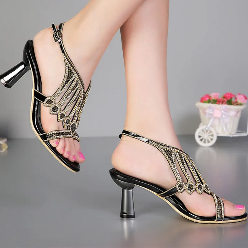 Sandales d'été nouvelle conception chaussures de mariée mode talon épais strass chaussures de mariage à talons hauts noir argent grande taille 34-43253K