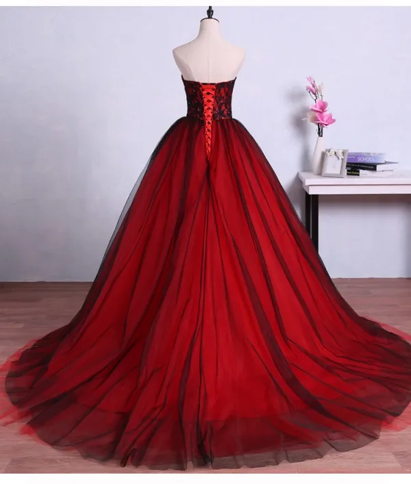 Robes de mariée colorées uniques rouge et noir bustier à lacets corset dos dentelle perlée haut jupe en tulle robes de mariée sur mesure C280B