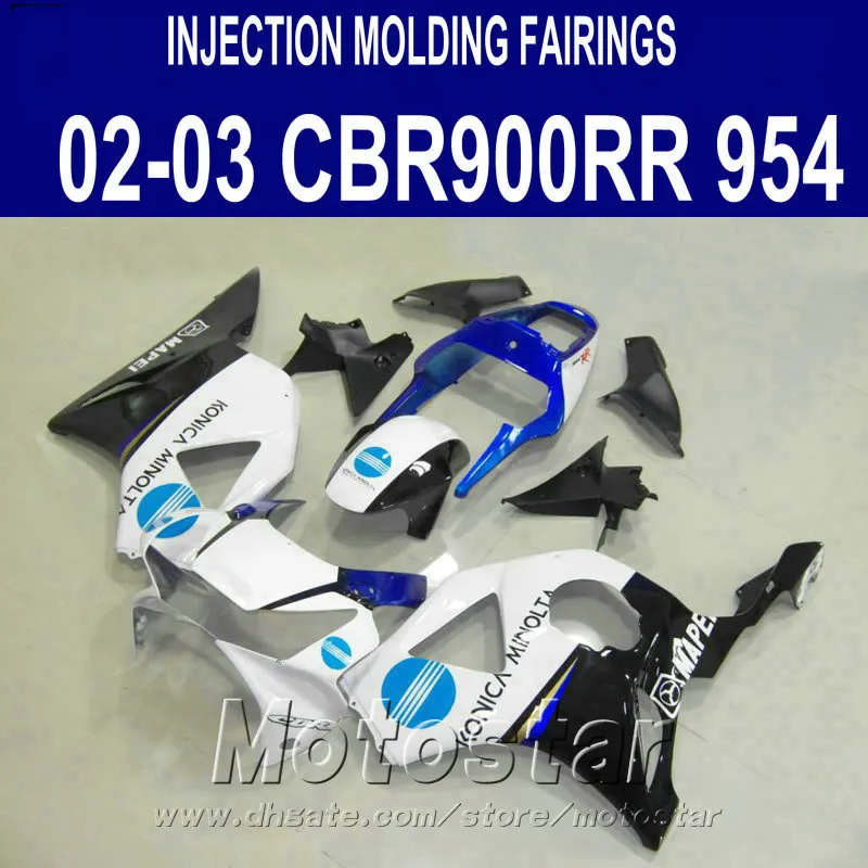 Injektionsgjutning för Honda CBR900RR Fairings 954 2002 2003 Vit Blå Svart Motobike CBR900 954RR ABS Fairing Kit CBR954 02 03 YR22