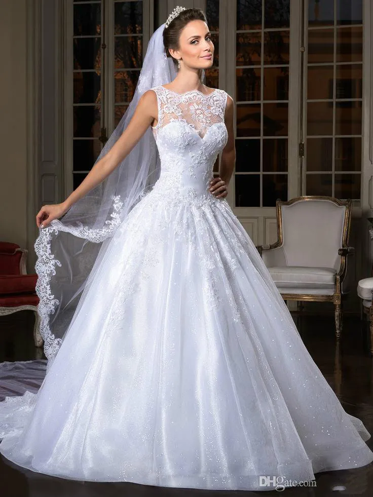 2016 vestido de bola de moda vestidos de novia vestido de novia de encaje con escote transparente sin espalda lentejuelas corsé vestidos de boda Center Novias