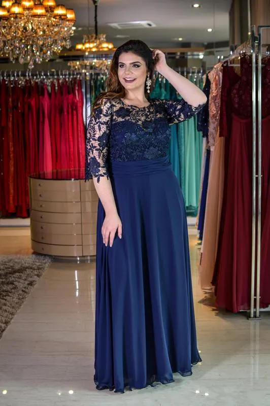 Dark Granatowy Plus Size Formalne sukienki Vintage Matka panny Młodej Suknie Wieczorowe Nosić Pół Rękawy Vestidos