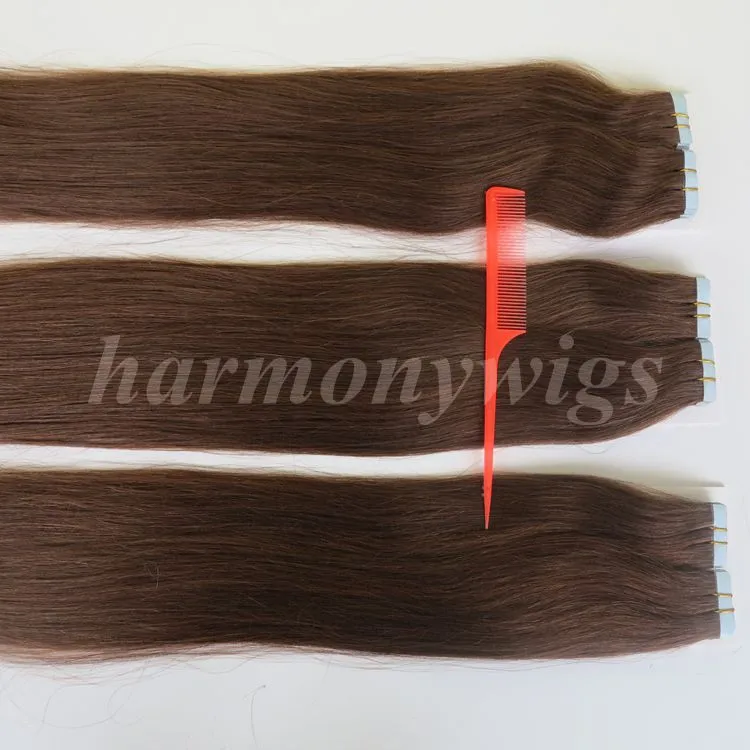 Topkwaliteit 100g / 50 stks tape in menselijke hair extensions 18 20 22 24 inch # 4 / donkerbruine lijm huid inslag Braziliaans Indisch haar