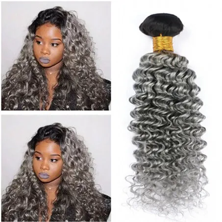 Dark Root 1b / Grå Ombre Brasilianska Human Hair Extensions 3pcs Deep Wave Silver Grå Ombre Virgin Remy Mänskliga Hår Buntar Brasilianska Hårväv