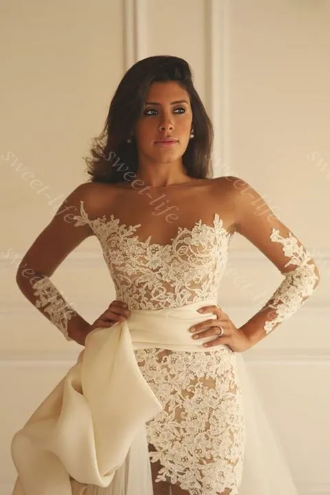 2019 vestidos de noiva de praia sexy de verão bainha de trem destacável de manga longa Apliques de pescoço de pescoço yasmine yeya vestidos de noiva cust42666261