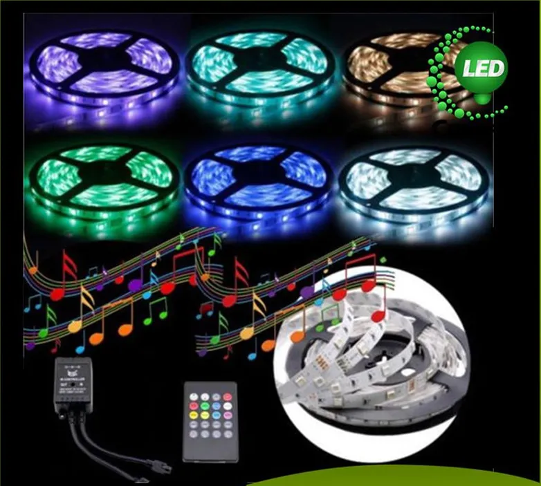 Neueste Musik-LED-Streifenlicht, 5 m, 5050 SMD RGB-Streifen, 12 V, Musik-Sound-Sensor, LED-Streifenlicht, wasserdicht, IR-Controller, 20 Tasten, inklusive Adapter