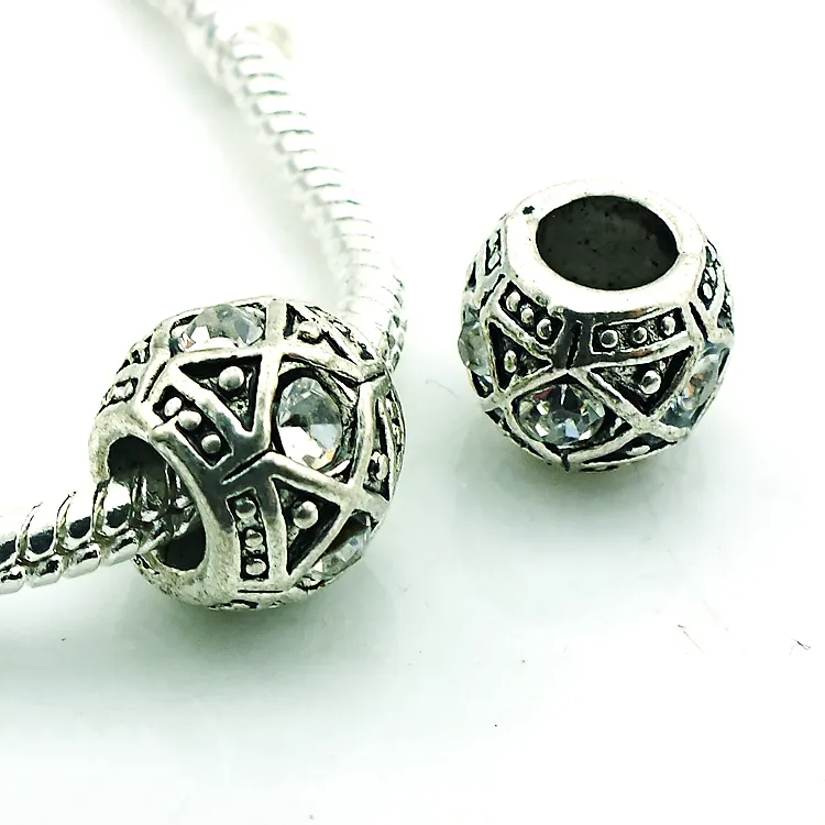 Brand New Fashion Metal Beads Antyczne Silver Crystal Big Hole Luźne Koraliki Fit Europejskiej Bransoletki DIY Jewelry