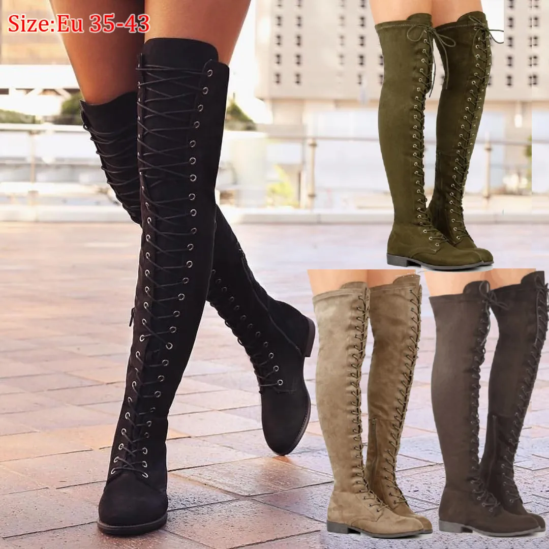 4Colors Women Fashion Boots Low-heels Shoes Shoelace Tie Over-the-knee Long Lace Up Suede Booty Large Size 35-43