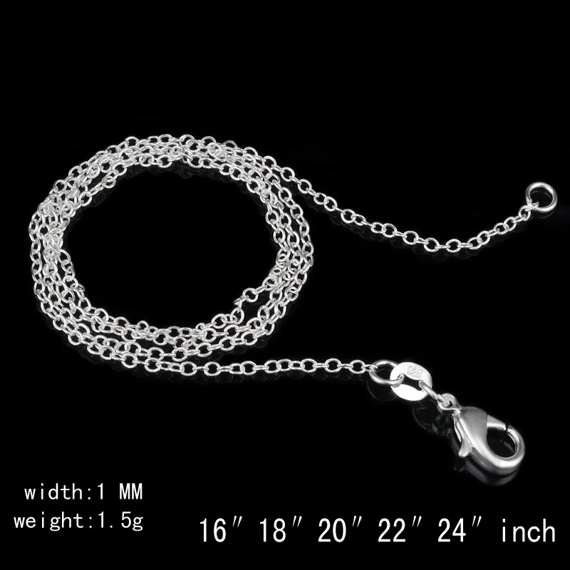 100pcs /lot 925 Sterling Silver plating Rolo " O " Chain Necklaces 1mm 16/18/20/22/24'' 925 Silver Chains Fit Pendant Jewelry