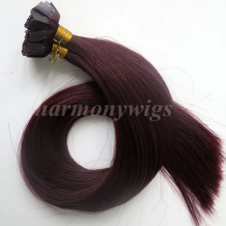 200g 200Strands Pre bonded Flat Tip Hair Extensions 18 20 22 24inch #99J/Red Wine Brazilian Indian Remy Keratin Human Hair