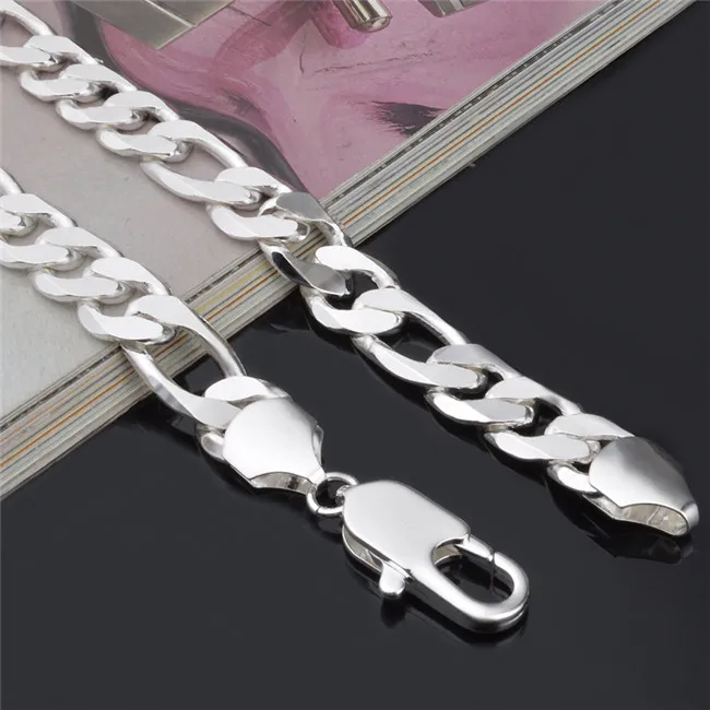 12 mm 20 inches 925 Sterling verzilverde Figaro ketting ketting mode sieraden voor mannen topkwaliteit