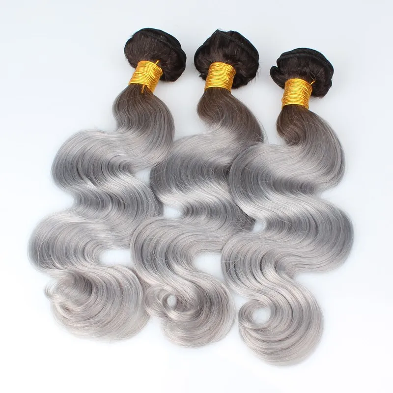 Meilleure vente !! Argent Gris Ombre Extensions de Cheveux Humains ombre gris Brésilien vierge cheveux corps vague 2 ton ombre gris Péruvien remy cheveux armure