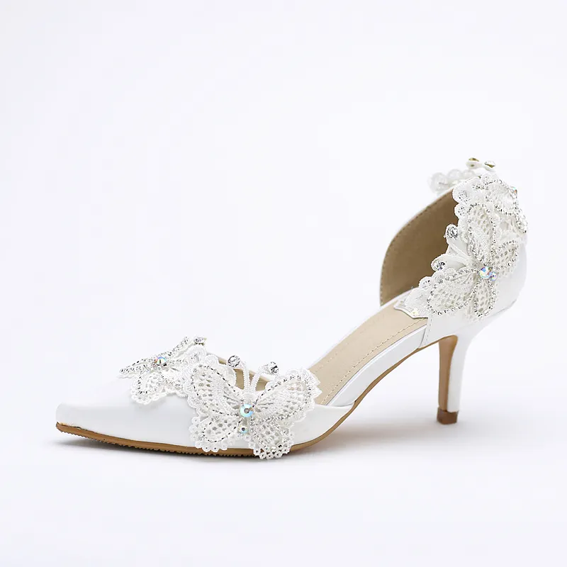 Kattunge häl pekade tå brudskor kvinnor vita satin pumpar fjäril rhinestone bröllopsfest skor mor till brudskor