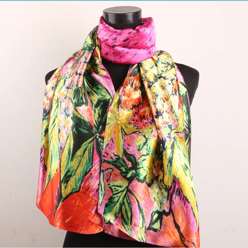 Fuchsia Orange Fleur De Lys Et Feuilles Vertes Foulards Femmes Mode Satin Peinture À L'huile Long Wrap Châle Plage Foulard En Soie 160X50cm