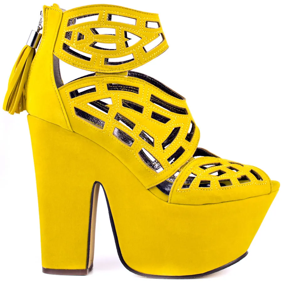 Yellow Cut Out Sandals Womens Buty Wysokie Obcasy Coppy Skórzane Platformy Letnie Buty Damskie Pompy Nowe Design Girls Square Heel 15cm Sprzęgło