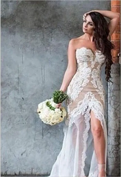 2015 코르셋 레이스 웨딩 드레스 빈티지 섹시한 아가 덮은 단추 뒤로 인어 신부 가운 채플 열어 다시 여름 웨딩 드레스