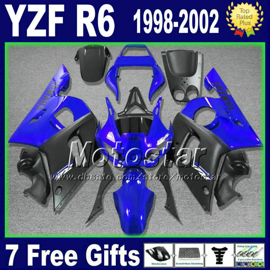 Niestandardowy zestaw dochodów dla YZF-R6 98-02 Yamaha YZF600 YZF R6 1998 1999 2000 2001 2002 Black Blue Motorcycle Fairings Set GG36 +7 prezenty