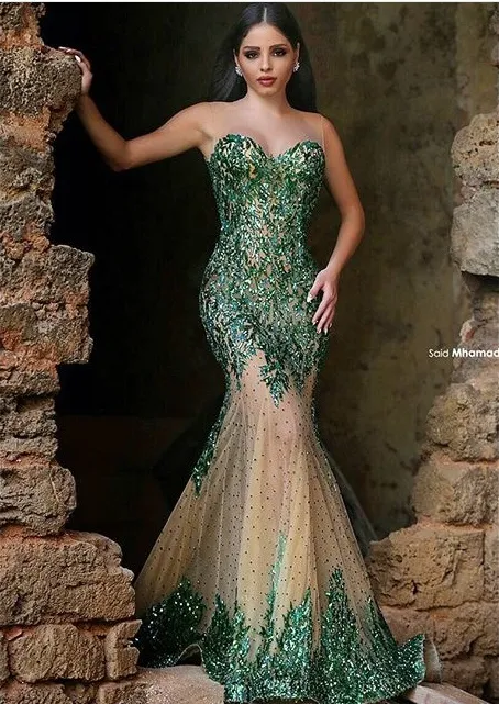 Hot Sexy Dark Emerald Green Cekinowe Syrenki Suknie Wieczorowe Sweetheart Zipper Back Zroszony Szampana Kaplica Trenuj Arabskie Prom Suknie