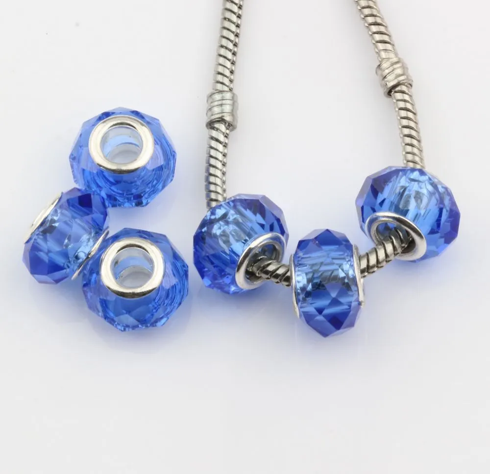 Hotl! 200 SZTUK Blue Faceted Kryształ Szkło Duże Dziury Koraliki Fit Charm Bransoletki DIY Biżuteria