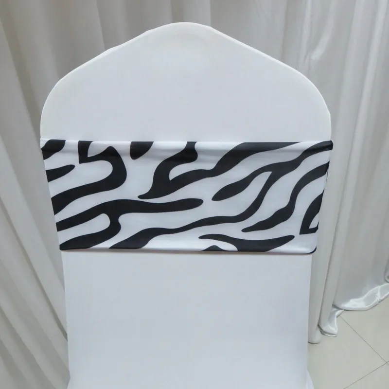 100st White Black Color Zebra Print Mönster Spandex Chair Band No Buckle for Weding Decoration Use