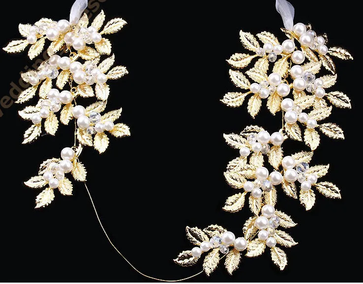 2015 New Coming Shiny Gold Leaves Diademi nuziali Accessori capelli con perle finte Diademi nuziali Corona Sposa Gioielli capelli Copricapo da sposa