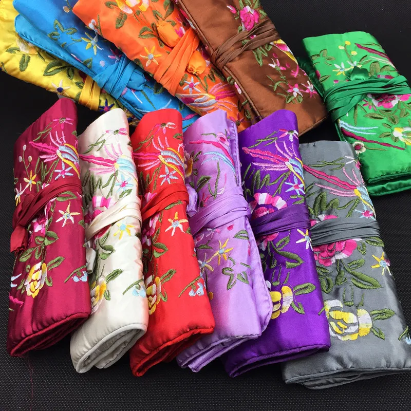 Geborduurde bloem vogels satijn stof sieraden roll-up reistas tas trekkoord dames make-up tas rits draagbare cosmetische opbergtas 10pcs / lot