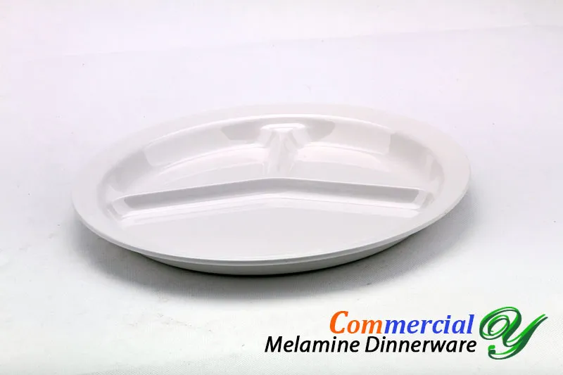 Section divided plate melamine dinner dish fast food container buffet serving tray 10.2inch white round 3 compartment portion plastic plates