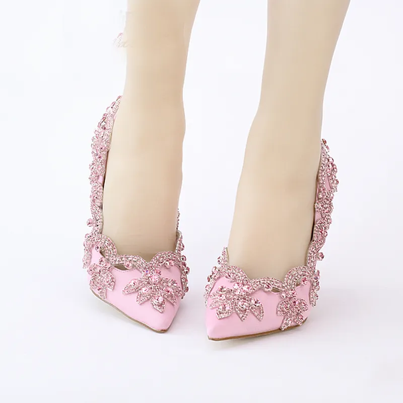 Spring New Arrival Pink Rhinestone Formal Dress Shoes Satin Crystal Bridal Wedding Shoes Pointed Toe Beautiful Party High Heels