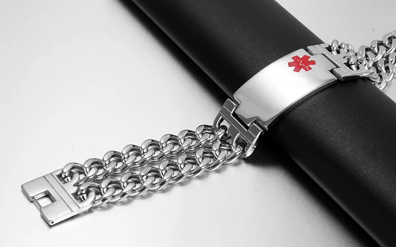 Zware hoge kwaliteit 93g heren zilver roestvrijstalen ID / identificatie met rood medisch logo brede 23mm armband twee-rij cowboy chain 9.25 ''