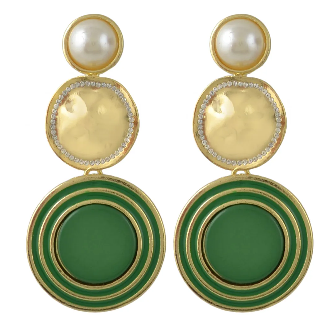 idealway Gold Plated Enamel Round Pearl Rhinestone Drop Earrings Jewelry Accessories For Women