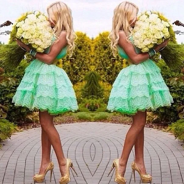 Charmig Sweetheart Mint Green Short Lace Ball Gown Prom Klänningar Homecoming Dresses Graduation Dresses 2015 EA0071