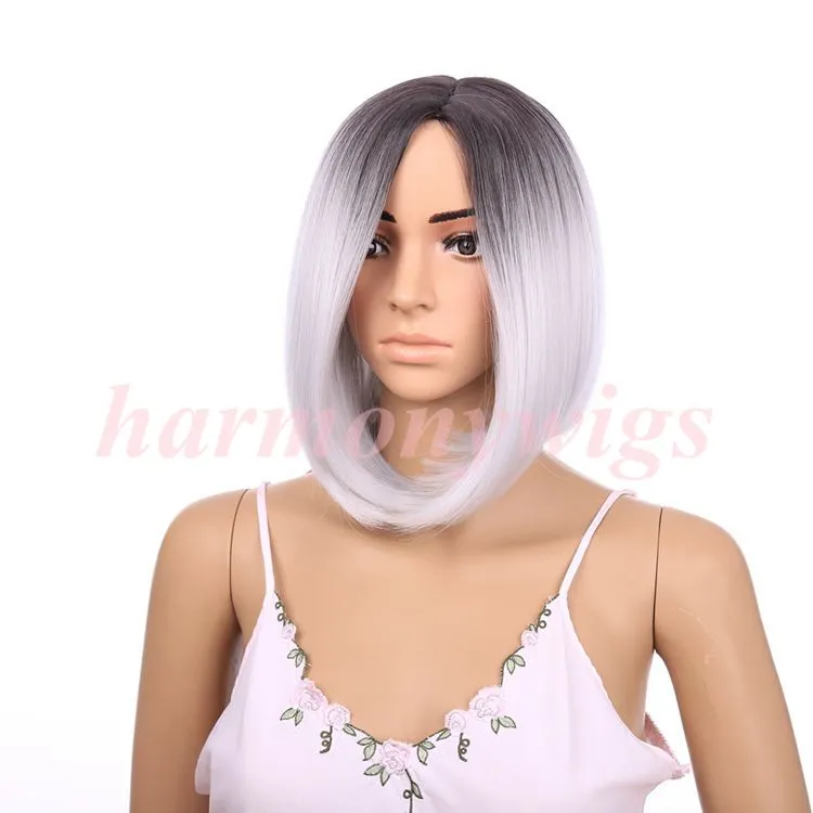 Fashion Lace Front Wig Ombre Blackgray 12Inch Straight Short Bob Syntetiska värmebeständiga hår peruker Populära