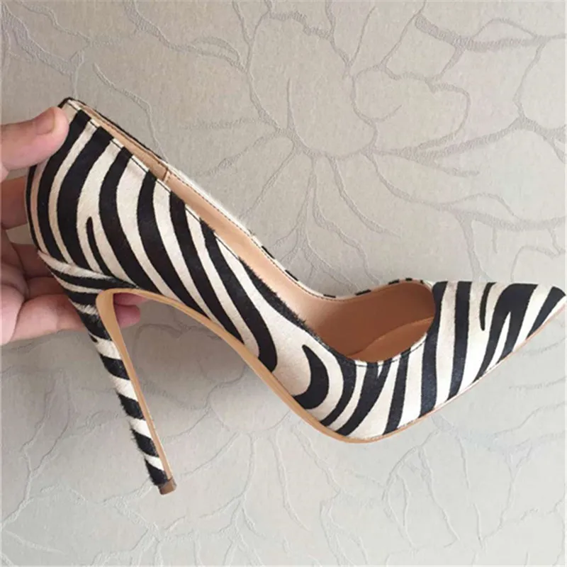 Casual Designer Sexy Dame Mode Frauen Schuhe Zebra Streifen Pferd Hair Pointy Toe Stiletto Stripper High Heels Prom Abendpumpen Große Größe 44 12 cm