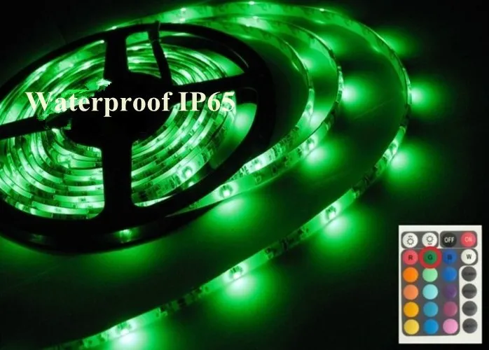 Fita de LED IP65 à prova d'água 5m SMD 2835 RGB Luz de tira 12V 300LEDS Tapes Ruban 24w com 24 teclas Controlador remoto 2A Fonte de alimentação 9202156