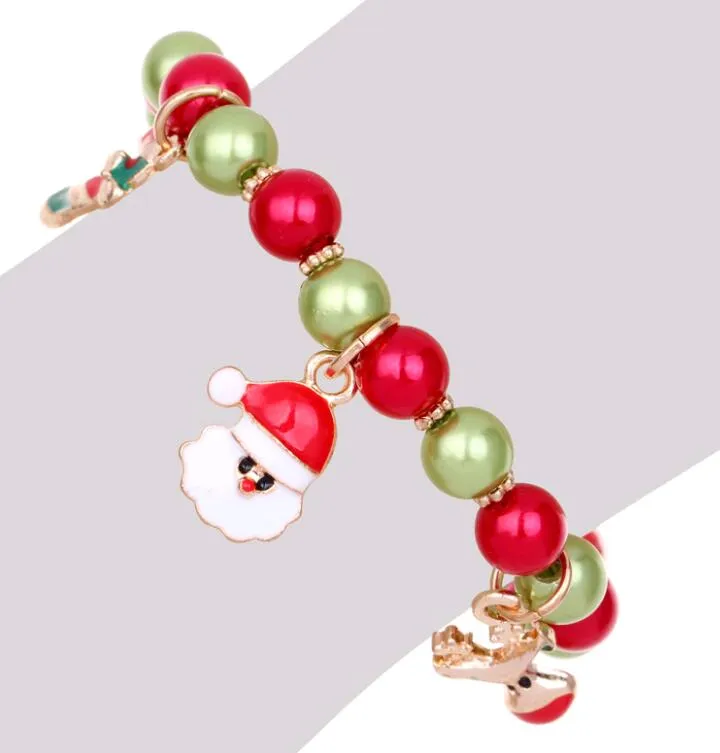Cadeau de noël bijoux à la mode Bracelets père noël renne huile goutte à goutte perles Bracelet à breloques chaîne à main mélange rouge vert