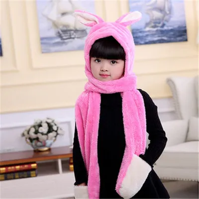 Kids Winter Warm Fleece Rabbit Hood Scarf 3 in 1 Gloves Earflap Hat Animal Long Scarf for Children 