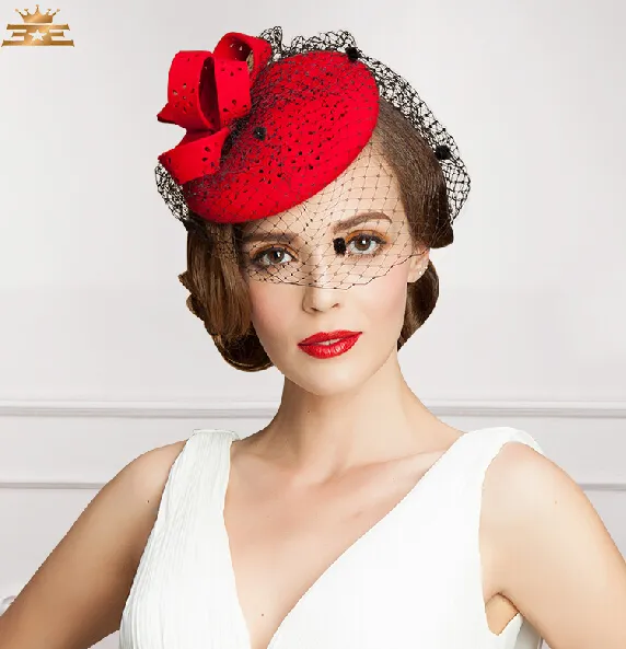 2021 Top Vintage New Style Rot Farbe Tüll Hochzeit Braut Hüte Abend Party Kopfbedeckungen In Fashion201y