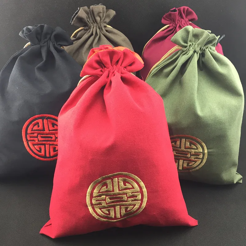 Extra Large Chinese Embroidery Lucky Drawstring Bag Linen Cotton Shoe Bags for Travel Storage Pouch Bra Underwear Packing Dust Covers with lined 