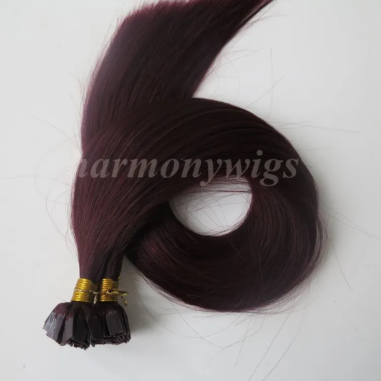 200g 200strands Pre Conded Flat Tip Hair Extensions 18 20 22 24 cali # 99J / czerwone wino Brazylijski Indian Remy Keratyn Human Hair