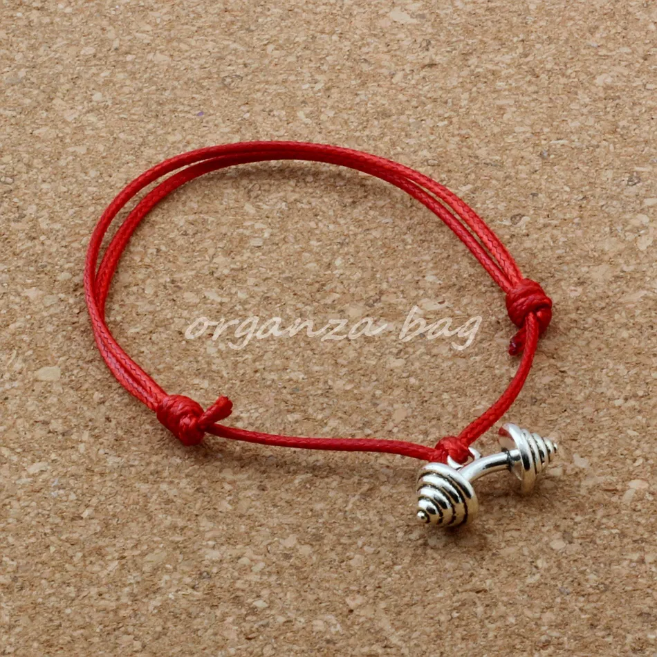 MIC Adjustable Bracelets Antique silver Alloy BARBELL weightlifting Charms Adjustable black & Red Waxes rope Bracelet B-64